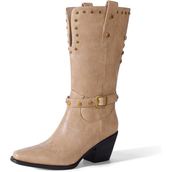 Womens Beige Faux Leather Mid Calf Square Toe Block Chunky Heel Studded Boots - Picture 1 of 6